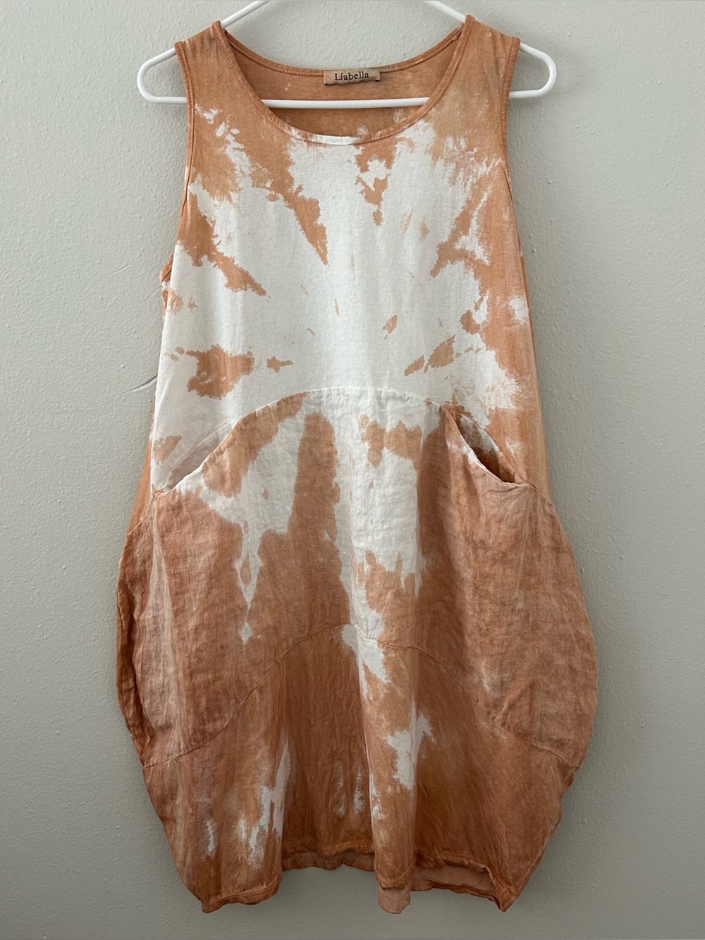 Liabella Tan White Tie Dye Linen Blend Sleeveless Dress XL Lagenlook Boho Italy